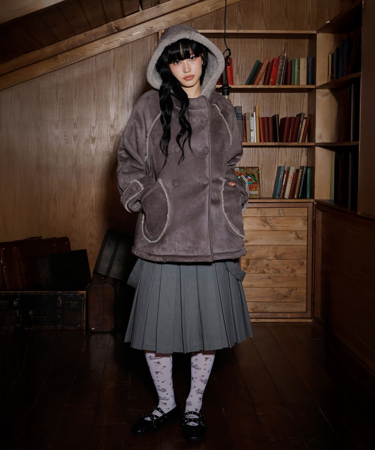 엘엠알(LMR) 스웨이드 무스탕 후드 하프 코트 GREY