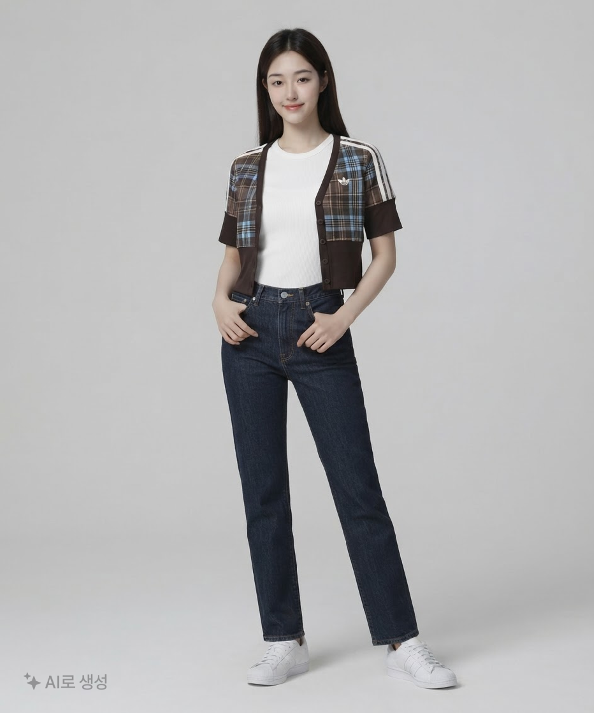 아디다스(ADIDAS) 버튼 디테일 체크 브이넥 셔츠 - 브라운 / KW4548 S