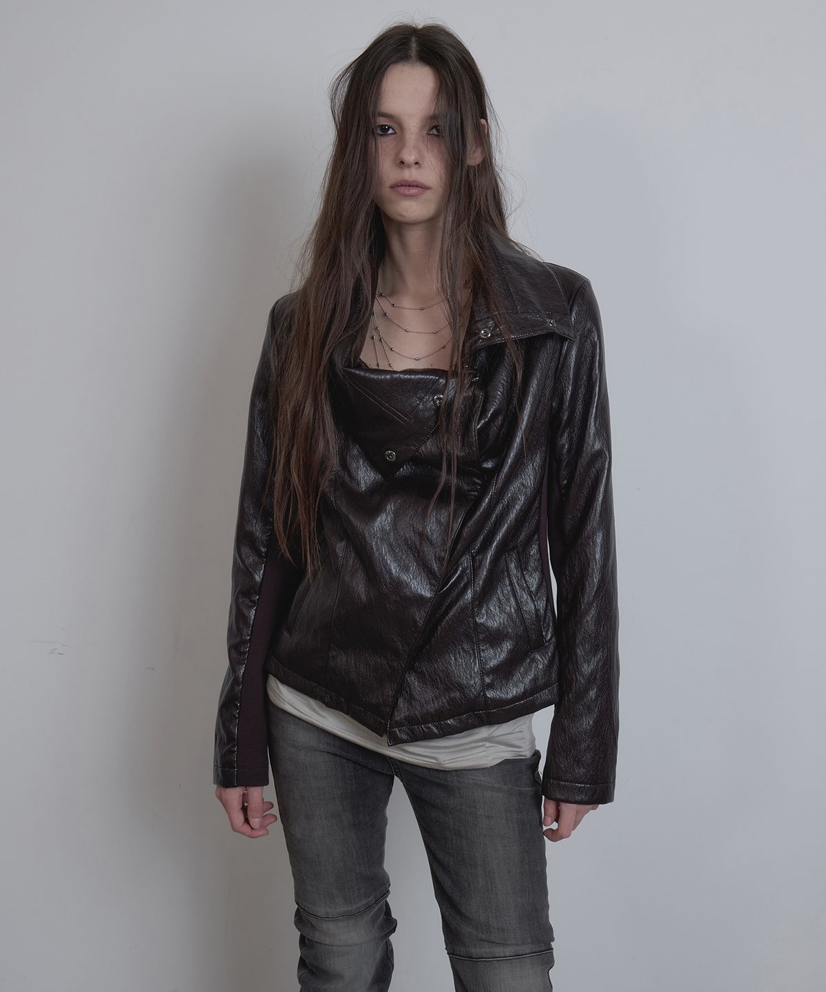 애시메트리(ASYMMETRY) CONVERTIBLE DRAPE LEATHER JACKET / BROWN