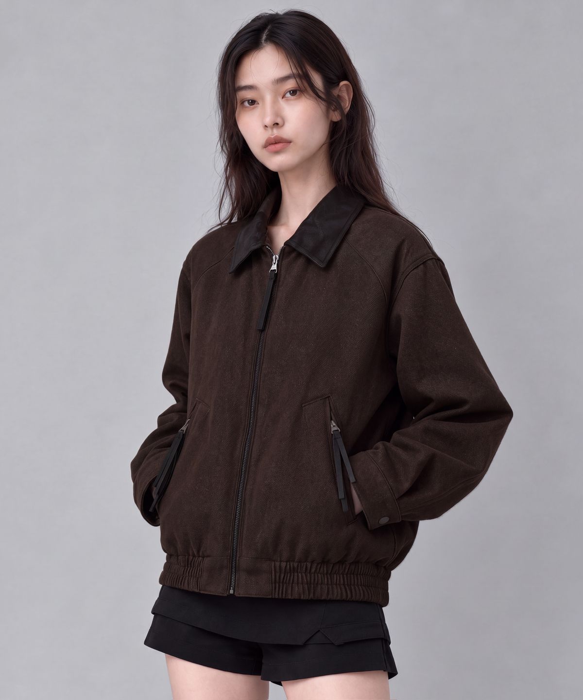 크림소다랩(CREAM SODA LAB) 레더 카라 배색 블루종 자켓 브라운