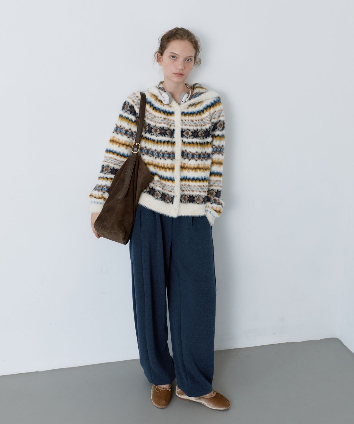 유라고(URAGO) Hairy jacquard hooded cardigan