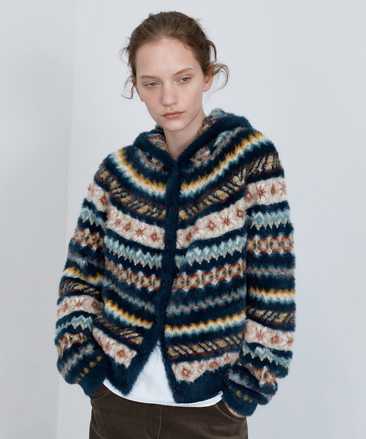 유라고(URAGO) Hairy jacquard hooded cardigan