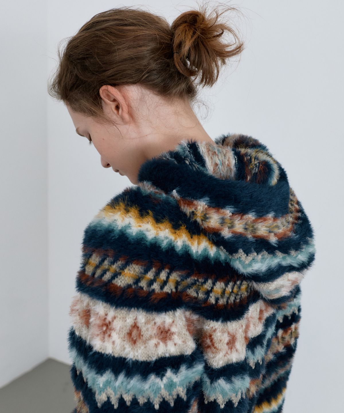 유라고(URAGO) Hairy jacquard hooded cardigan