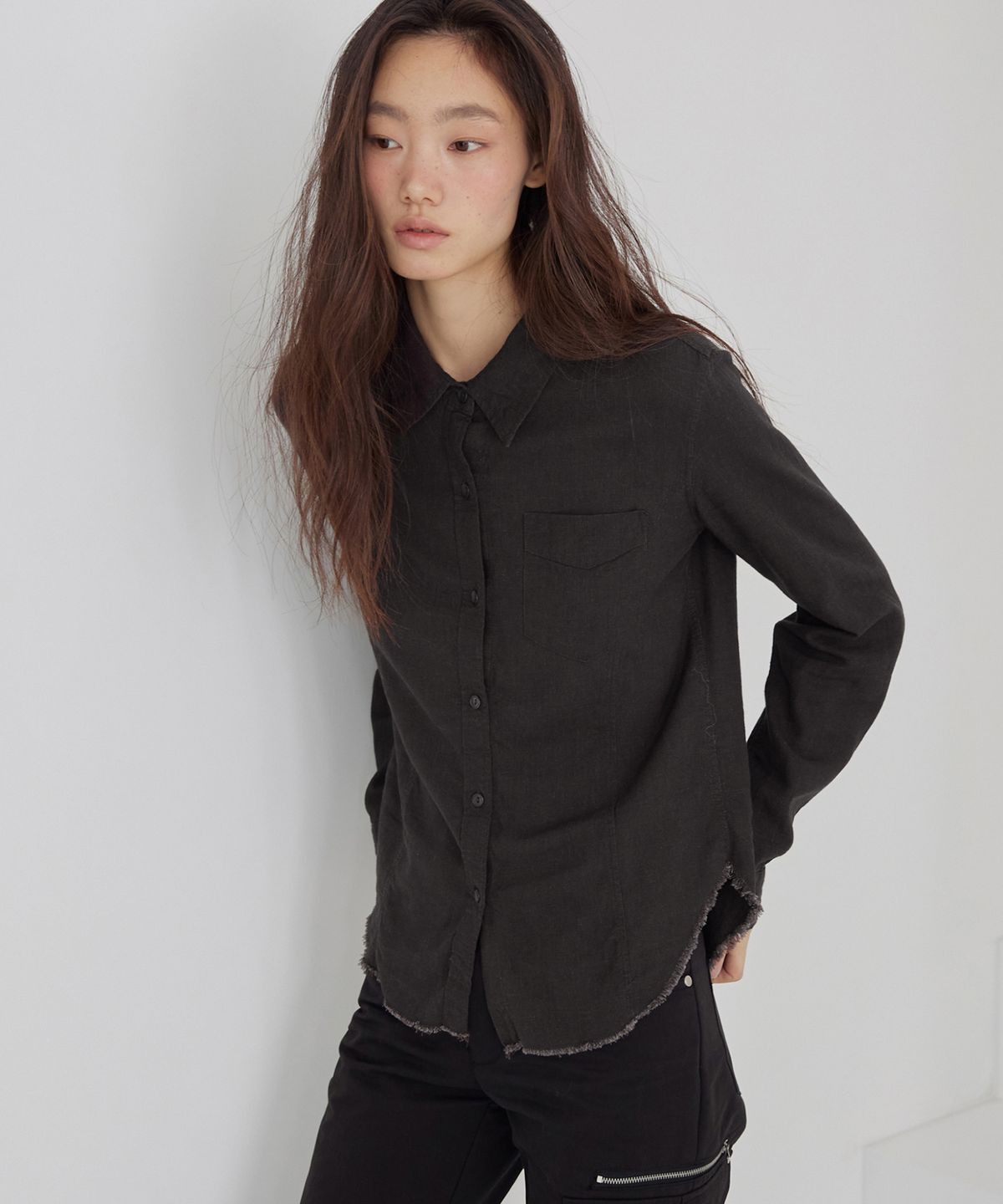 렌세(RENSE) Raw-Cut Washed Shirt Taupe Charcoal