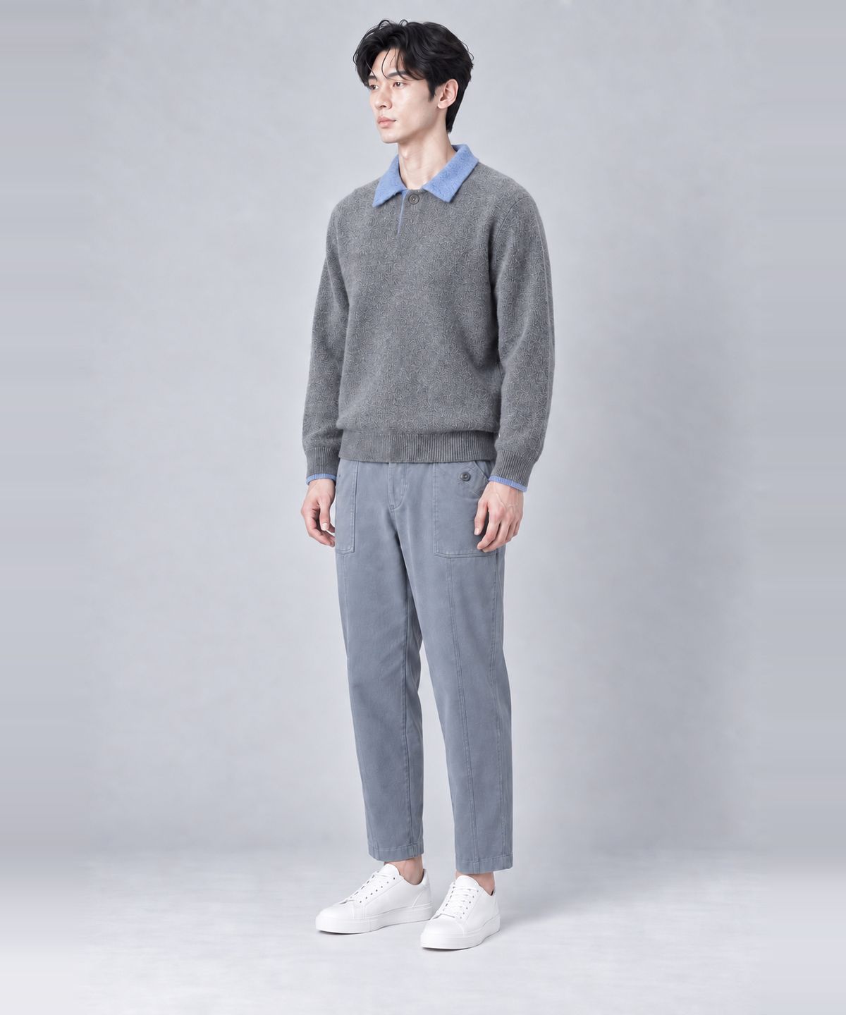 커스텀어스(CUSTOMUS) 남성 배색 카라 니트 폴로 겨울 긴팔 카라니트 CXS26WSKTA04 GRY