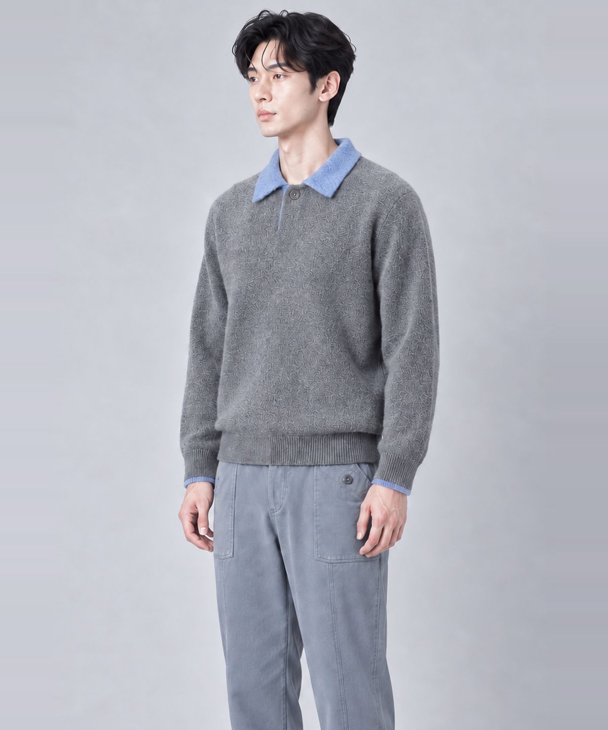 커스텀어스(CUSTOMUS) 남성 배색 카라 니트 폴로 겨울 긴팔 카라니트 CXS26WSKTA04 GRY
