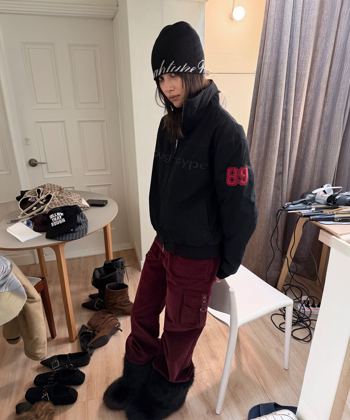 로타입(ROUGHTYPE) Corduroy Cargo Bootcut Pants - Burgundy