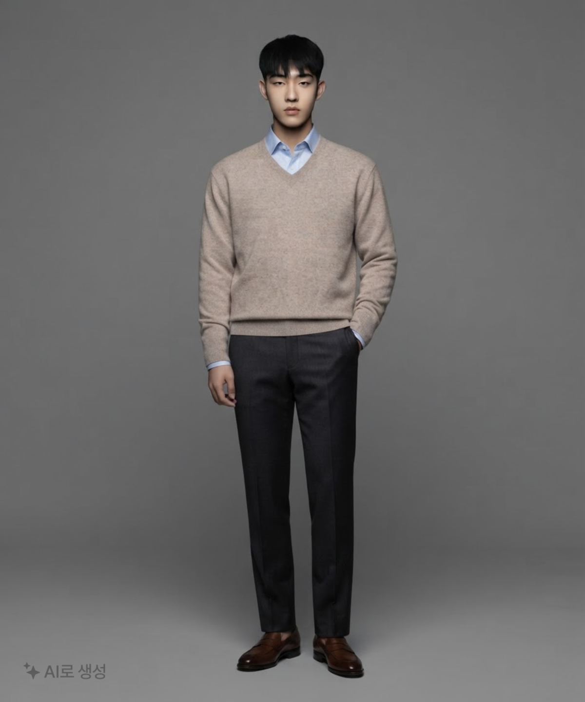 브라운야드(BROWNYARD) 엑스트라 슈퍼 파인 브이넥 니트, 올리브 5