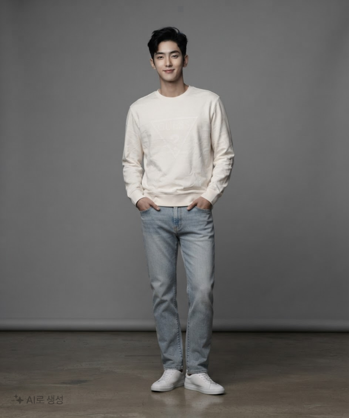 게스(GUESS) 남녀공용 3단쭈리 변형발포 삼각 맨투맨 L