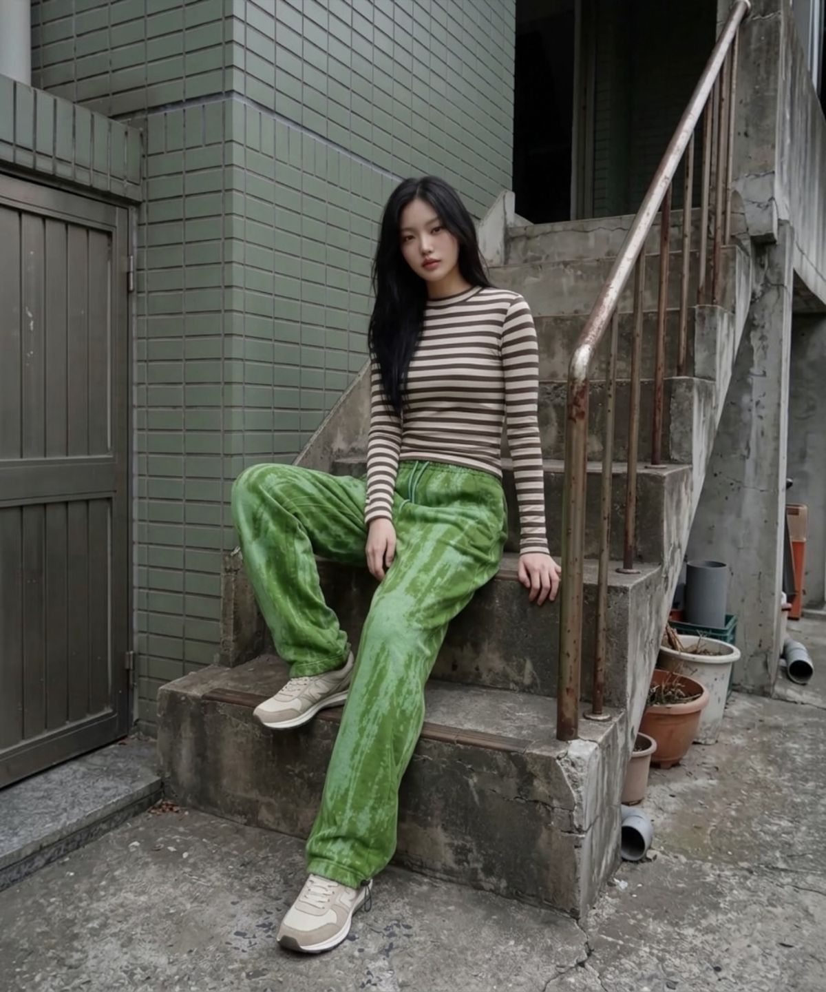 본슬리피(BORN SLIPPY) Drip Acid Wide Sweat Pants (Green)