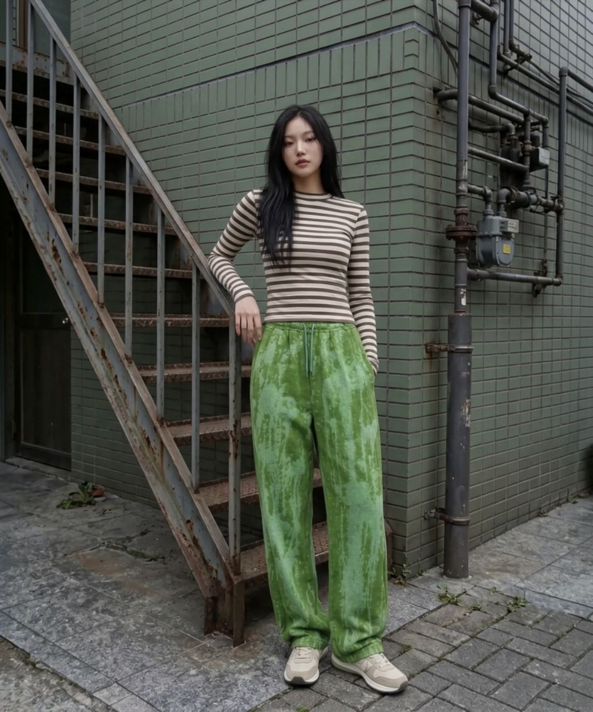 본슬리피(BORN SLIPPY) Drip Acid Wide Sweat Pants (Green)