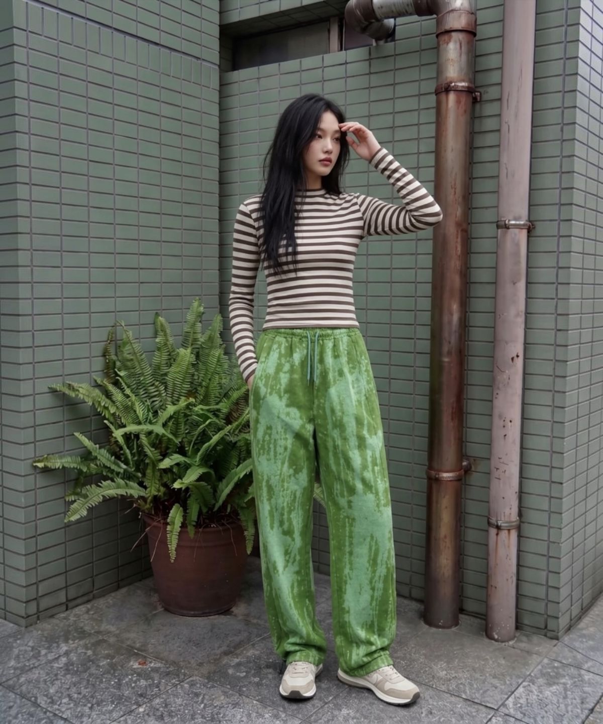 본슬리피(BORN SLIPPY) Drip Acid Wide Sweat Pants (Green)