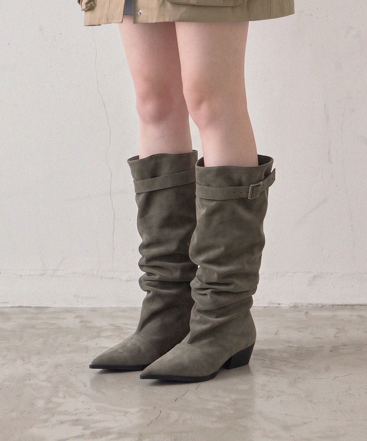 프리플라(FRI FLA) ljh1039 Pointed Toe Belted Slouchy Long Boots - 2 Colors