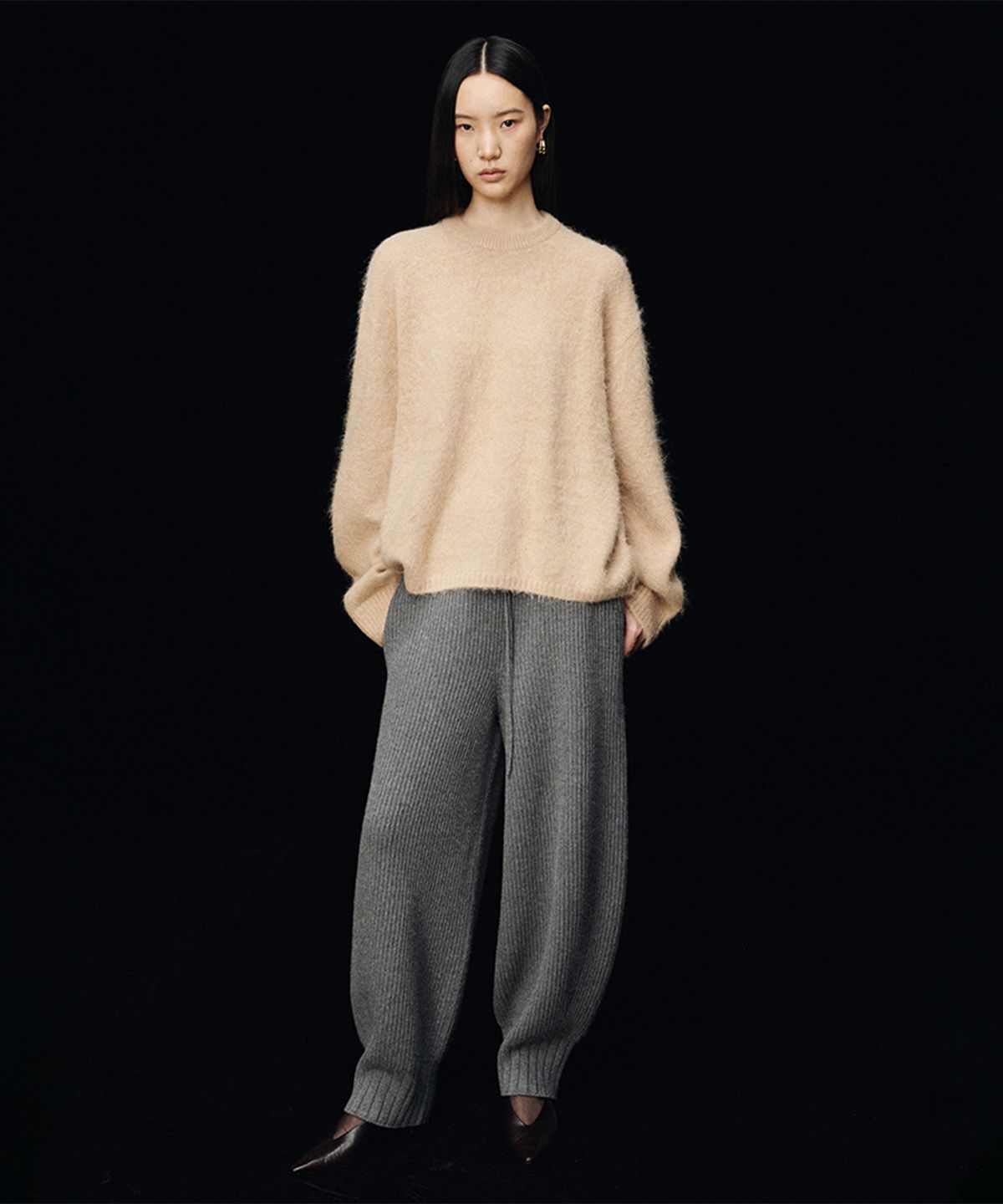 우마뭉(UMARMUNG) Wool cashmere ribbed whole garment pants_Etna grey