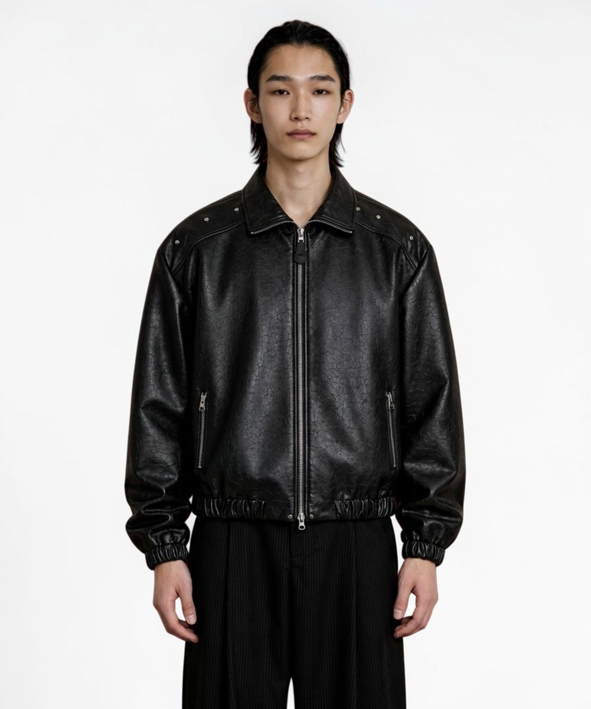 본슬리피(BORN SLIPPY) Crystal Stud Noir Leather Blouson (Black)