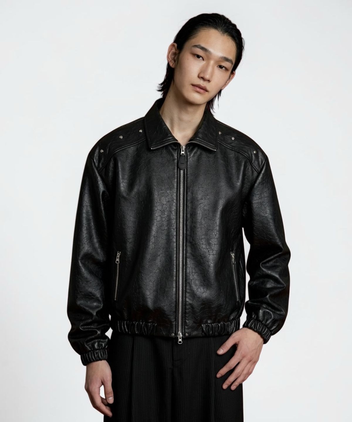 본슬리피(BORN SLIPPY) Crystal Stud Noir Leather Blouson (Black)