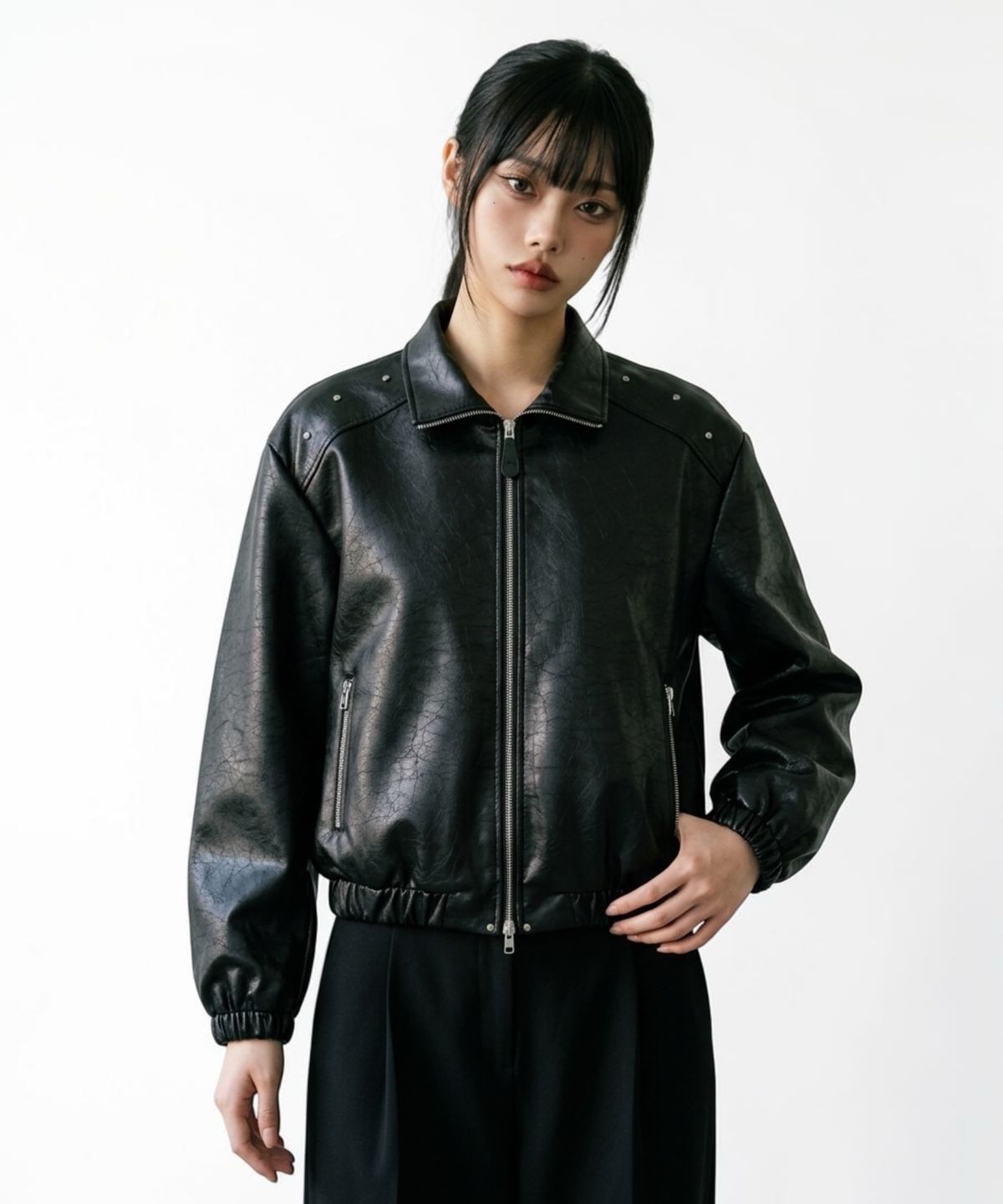 본슬리피(BORN SLIPPY) Crystal Stud Noir Leather Blouson (Black)