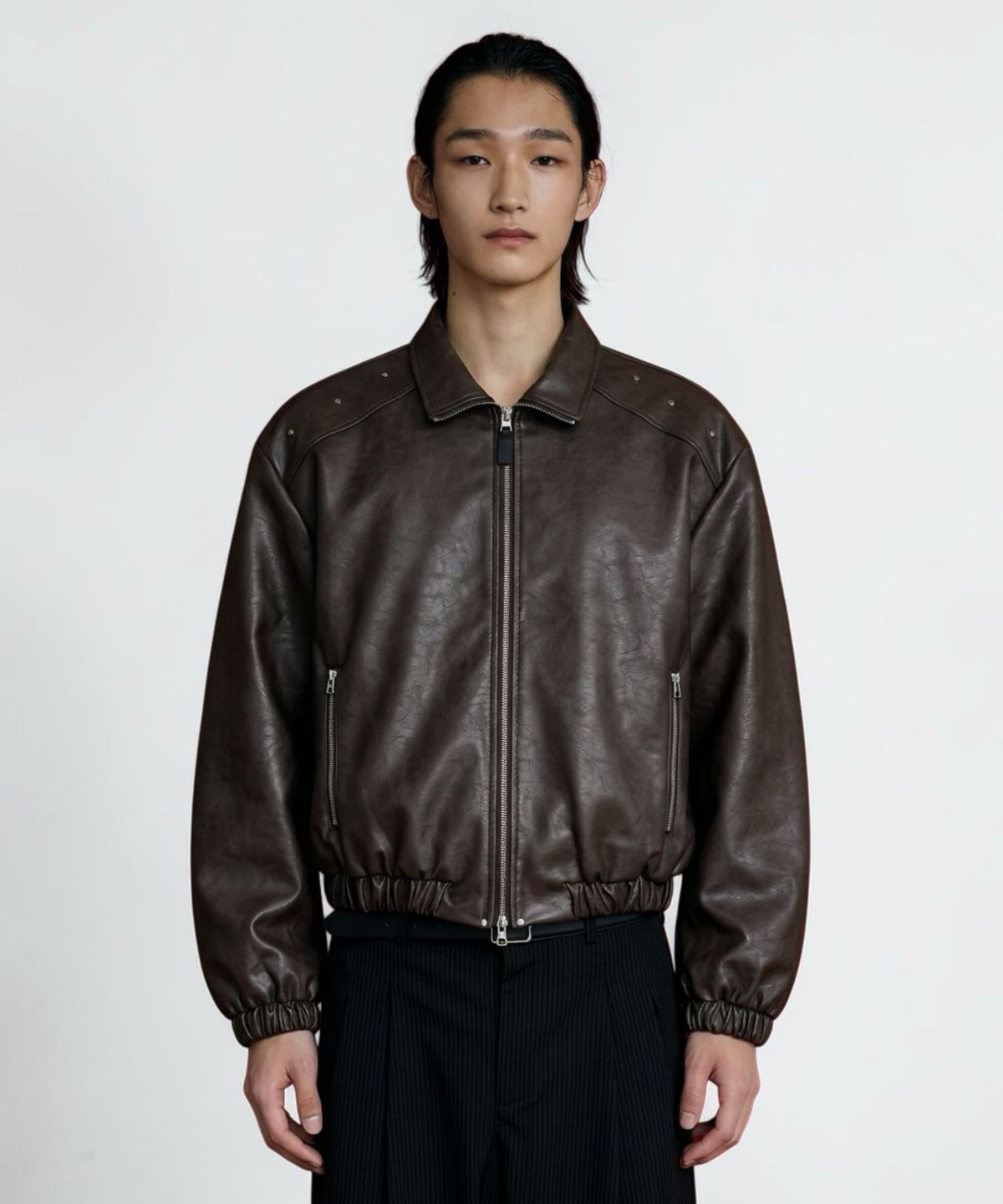 본슬리피(BORN SLIPPY) Crystal Stud Noir Leather Blouson (Brown)