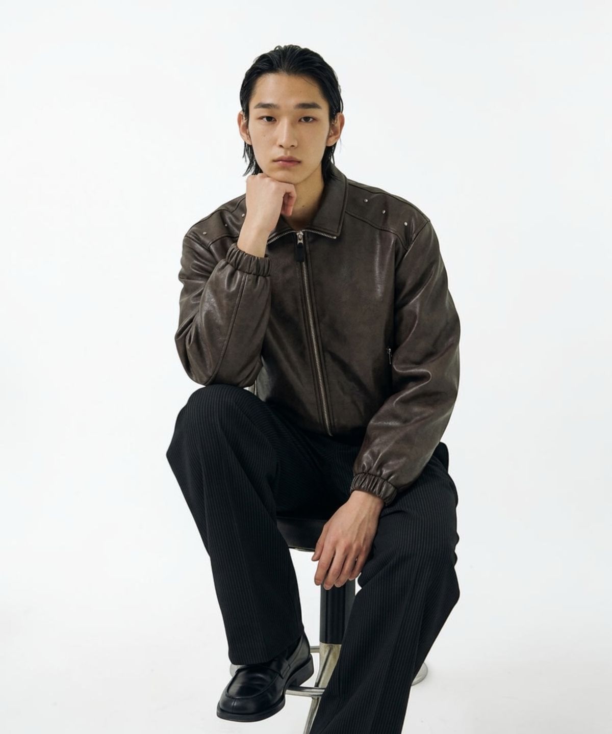본슬리피(BORN SLIPPY) Crystal Stud Noir Leather Blouson (Brown)