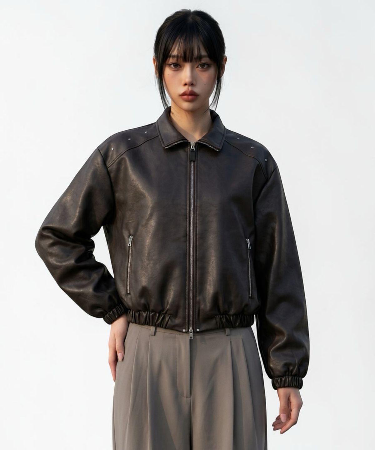 본슬리피(BORN SLIPPY) Crystal Stud Noir Leather Blouson (Brown)