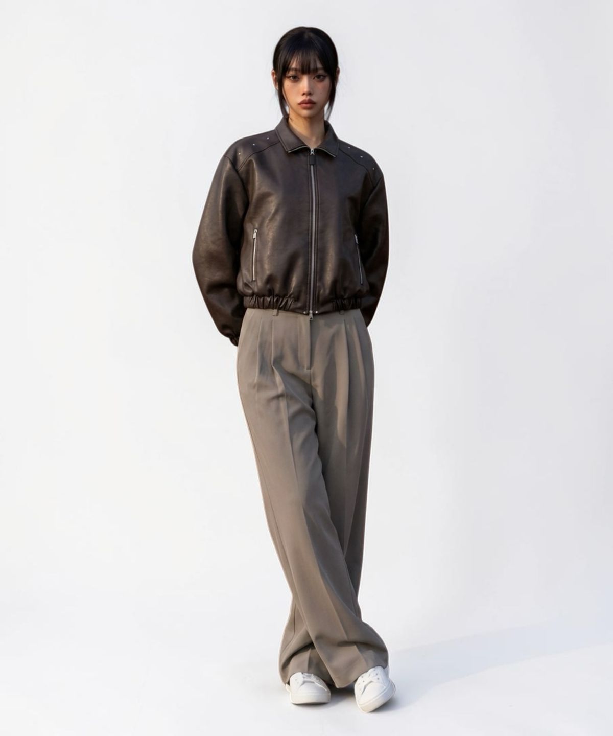 본슬리피(BORN SLIPPY) Crystal Stud Noir Leather Blouson (Brown)