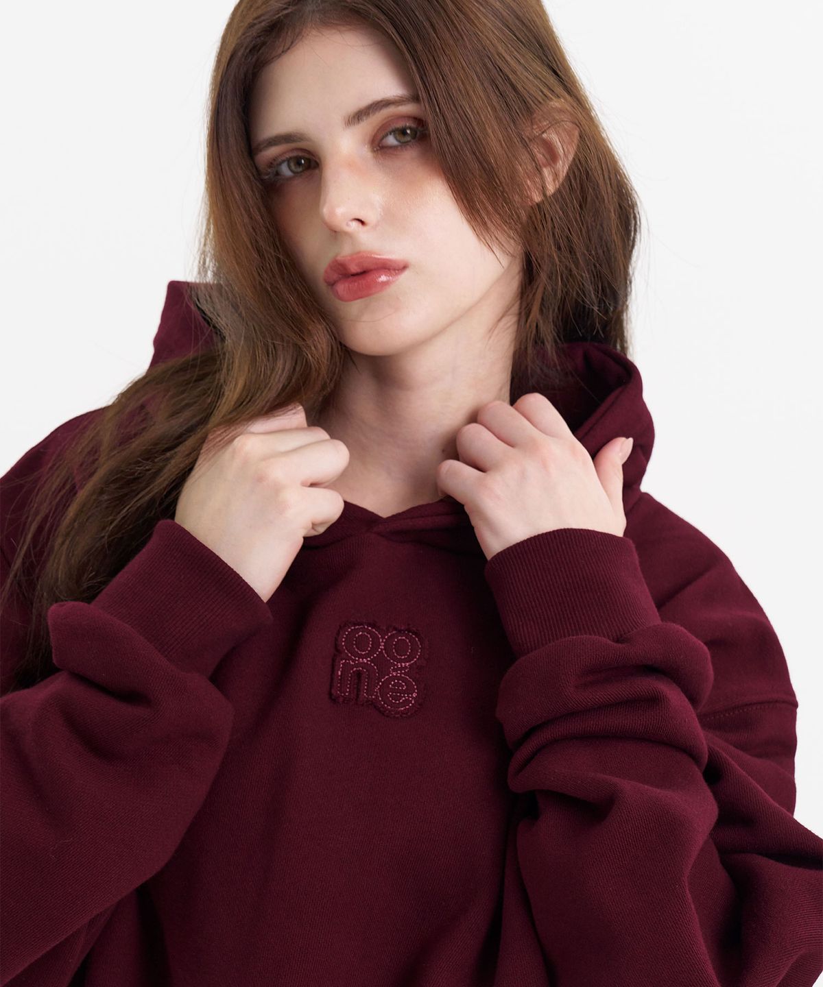 우네(OONE) Cotton Logo Applique Hoodie_Plum