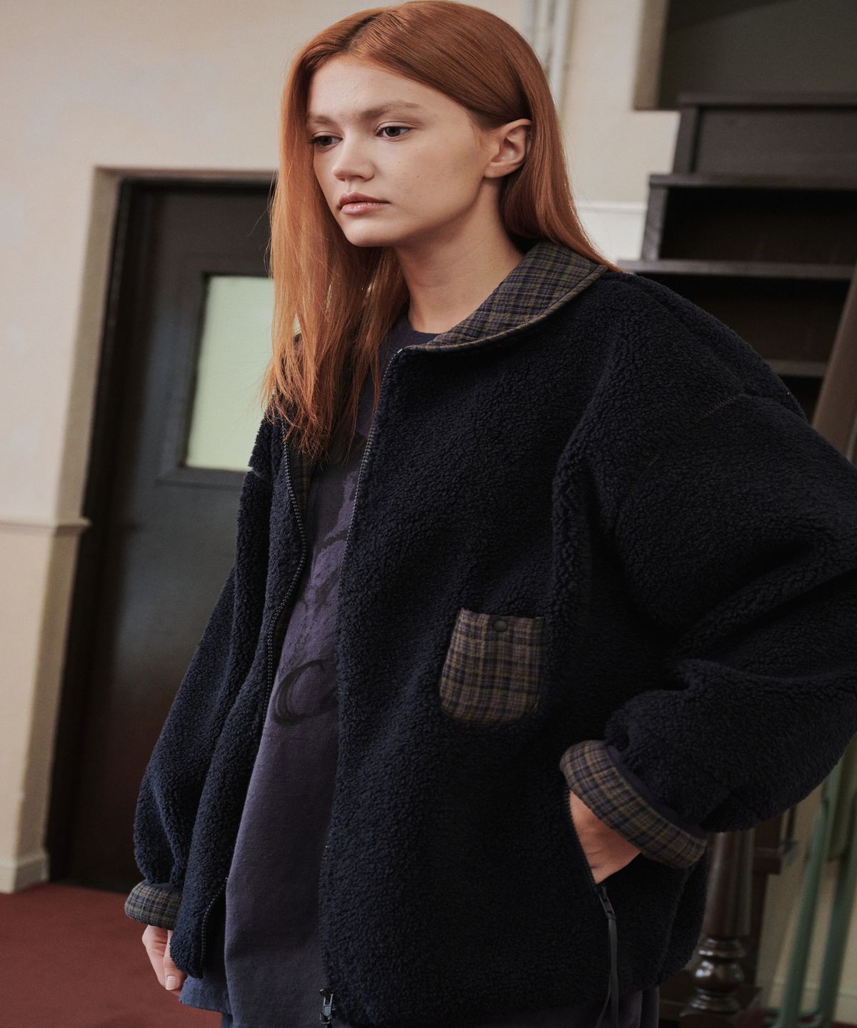 까롯(CARROTTE) Contrast Check Fleece Jacket, Navy