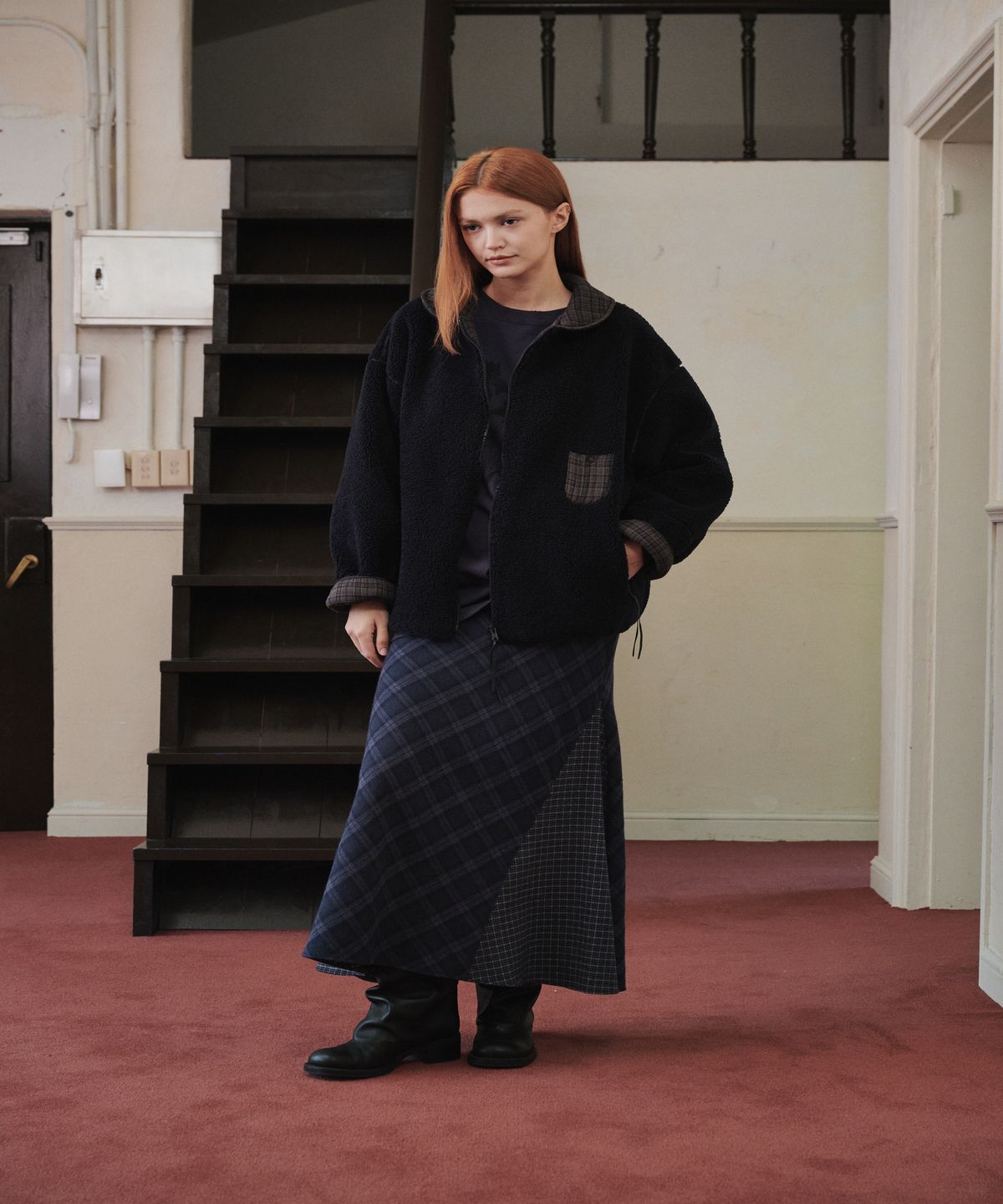 까롯(CARROTTE) Contrast Check Fleece Jacket, Navy