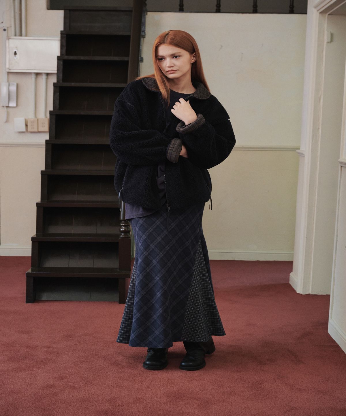 까롯(CARROTTE) Contrast Check Fleece Jacket, Navy