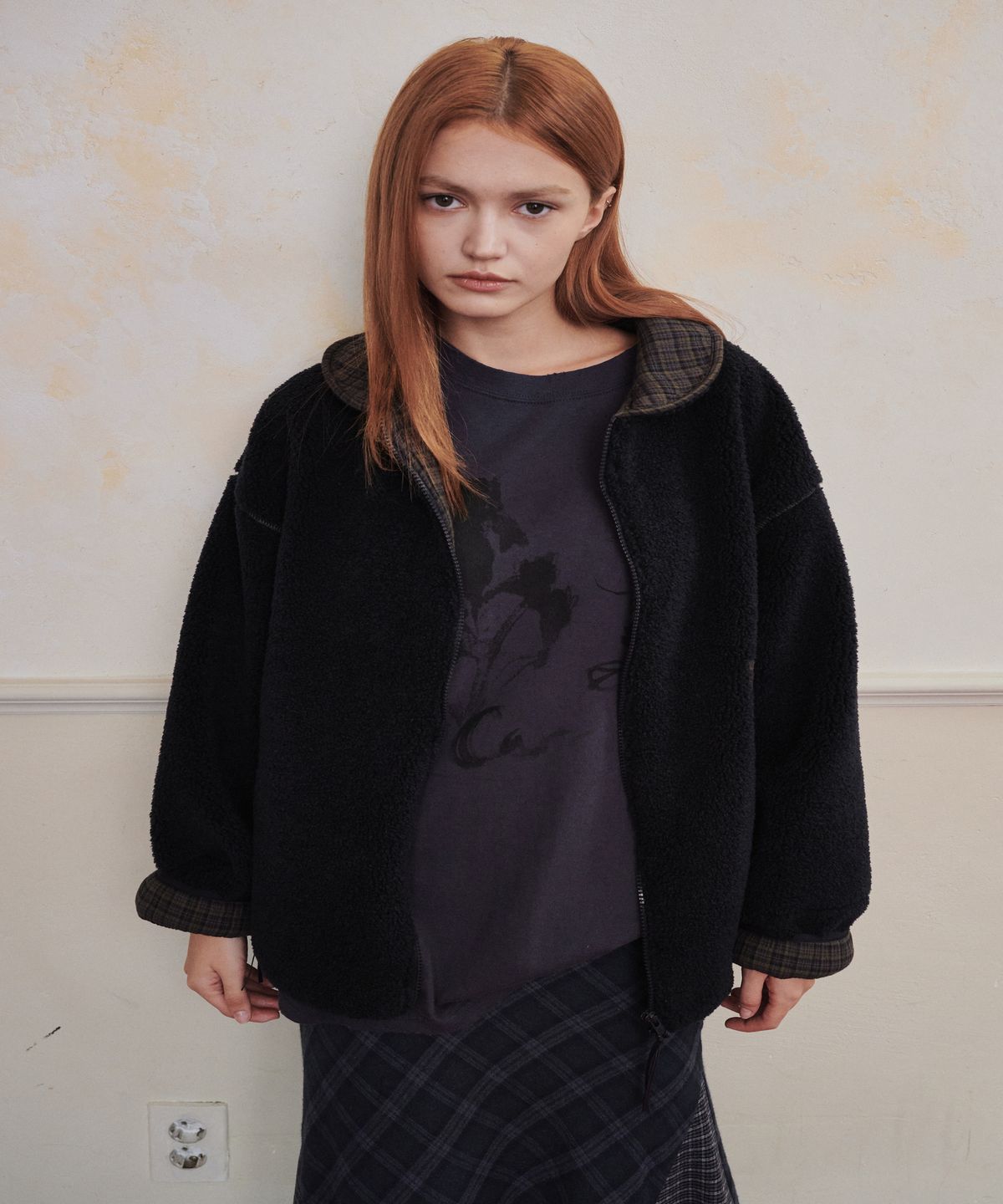 까롯(CARROTTE) Contrast Check Fleece Jacket, Navy
