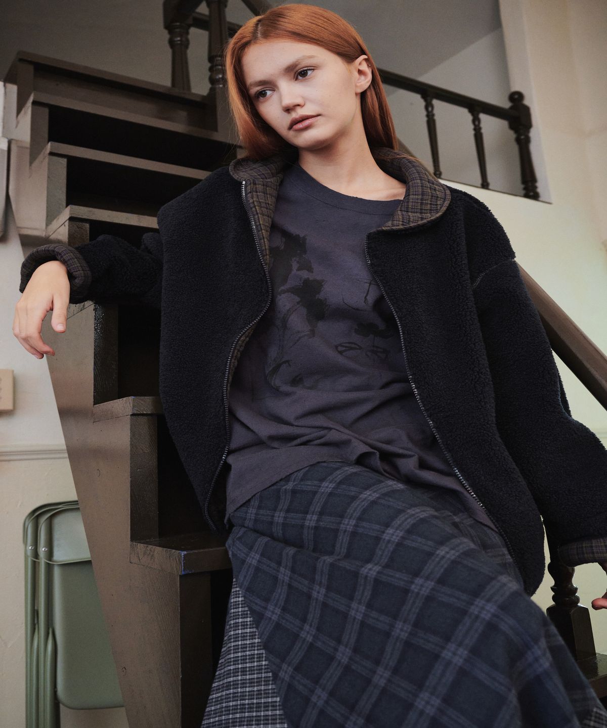 까롯(CARROTTE) Contrast Check Fleece Jacket, Navy