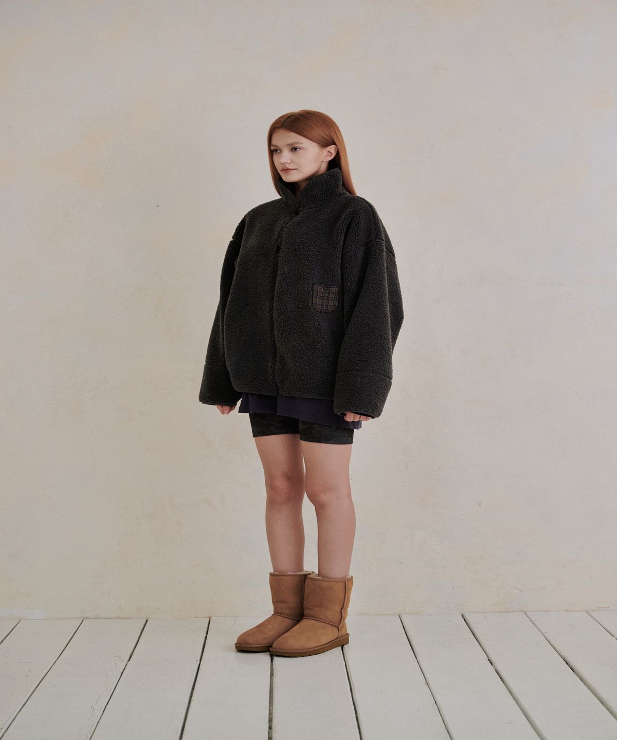 까롯(CARROTTE) Contrast Check Fleece Jacket, Charcoal