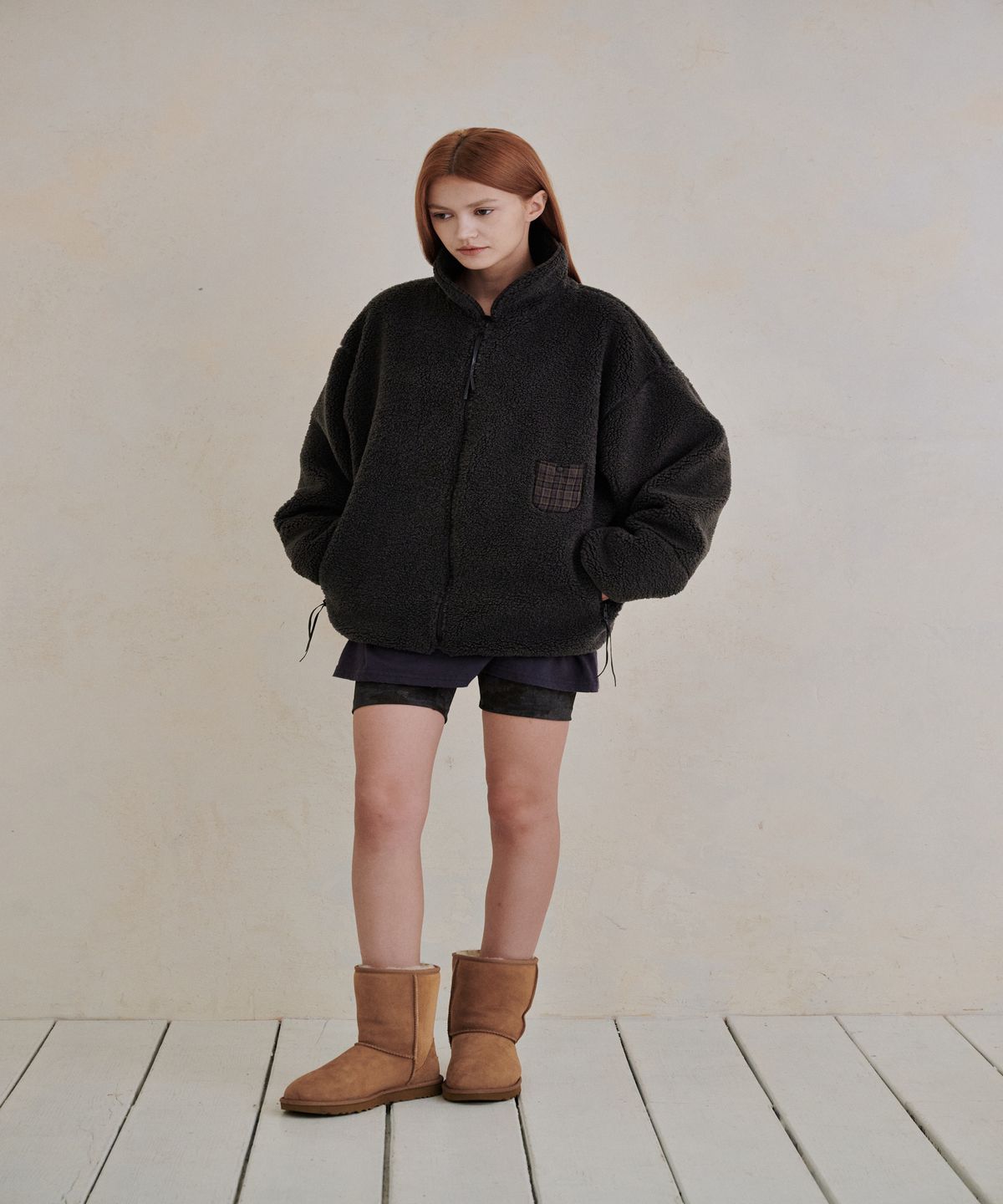 까롯(CARROTTE) Contrast Check Fleece Jacket, Charcoal