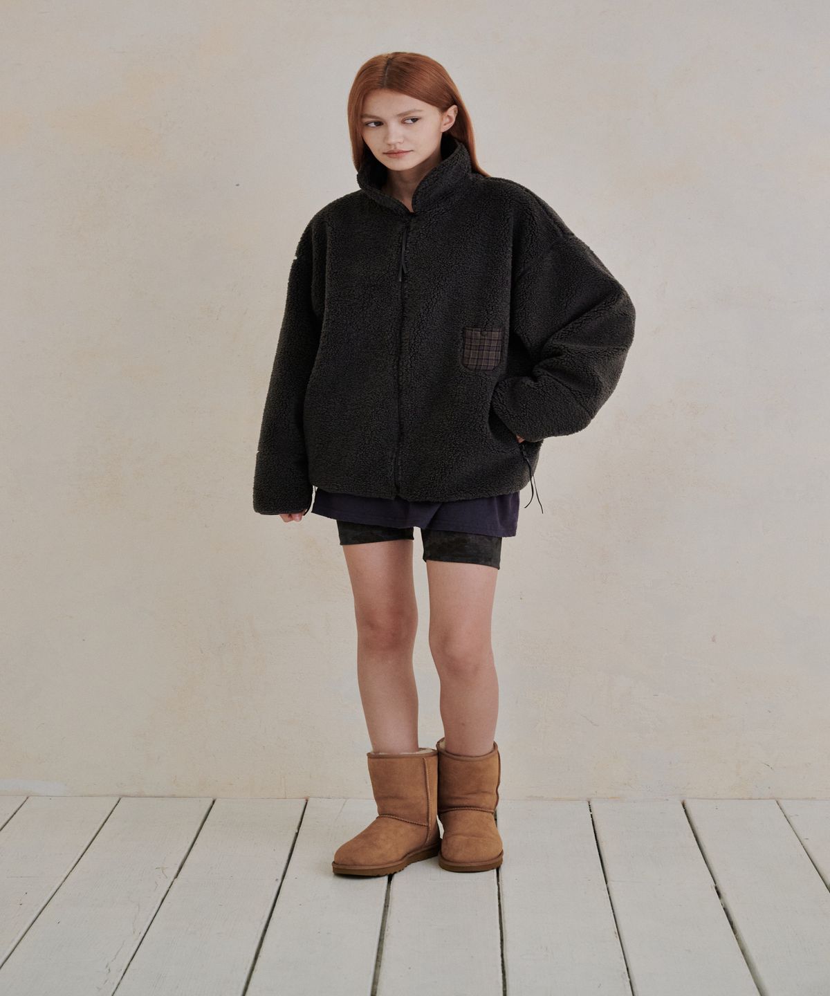 까롯(CARROTTE) Contrast Check Fleece Jacket, Charcoal