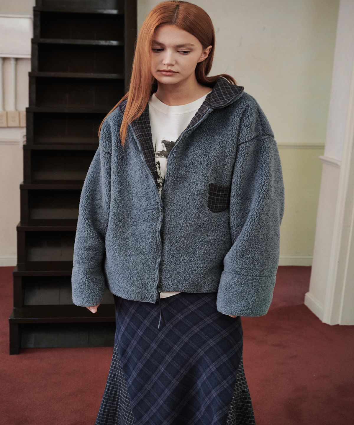 까롯(CARROTTE) Contrast Check Fleece Jacket, Blue