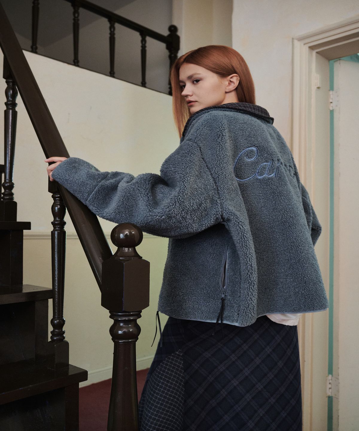까롯(CARROTTE) Contrast Check Fleece Jacket, Blue