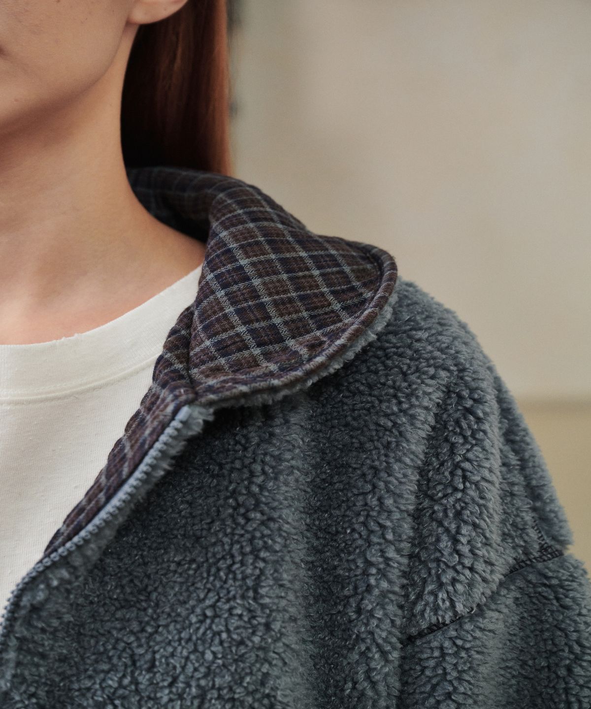 까롯(CARROTTE) Contrast Check Fleece Jacket, Blue
