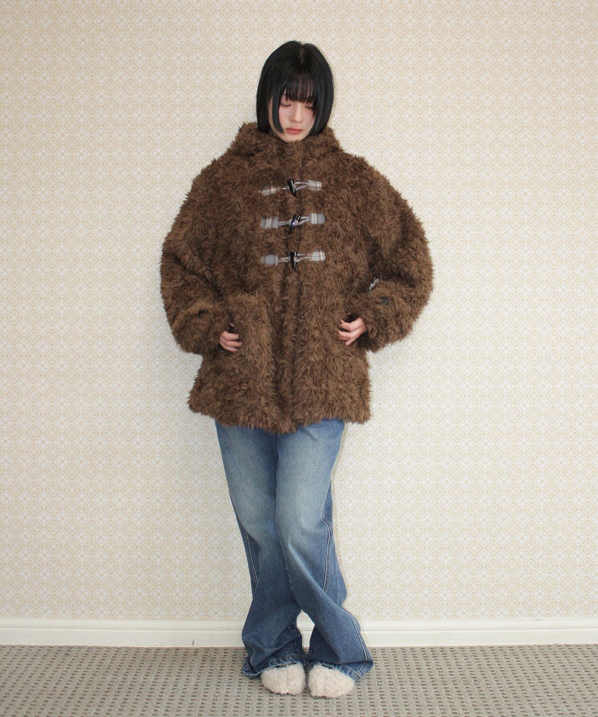 아메스 월드와이드(AMES-WORLDWIDE) DUFFLE TEDDY FUR COAT BROWN