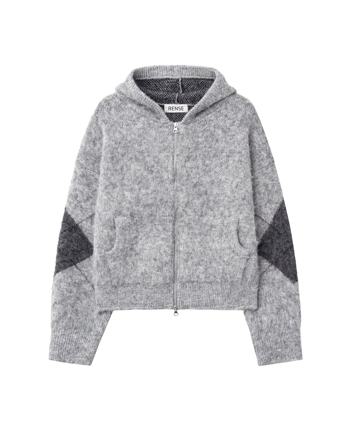 렌세(RENSE) Argyle Knit Hooded Zip-Up Melange Gray