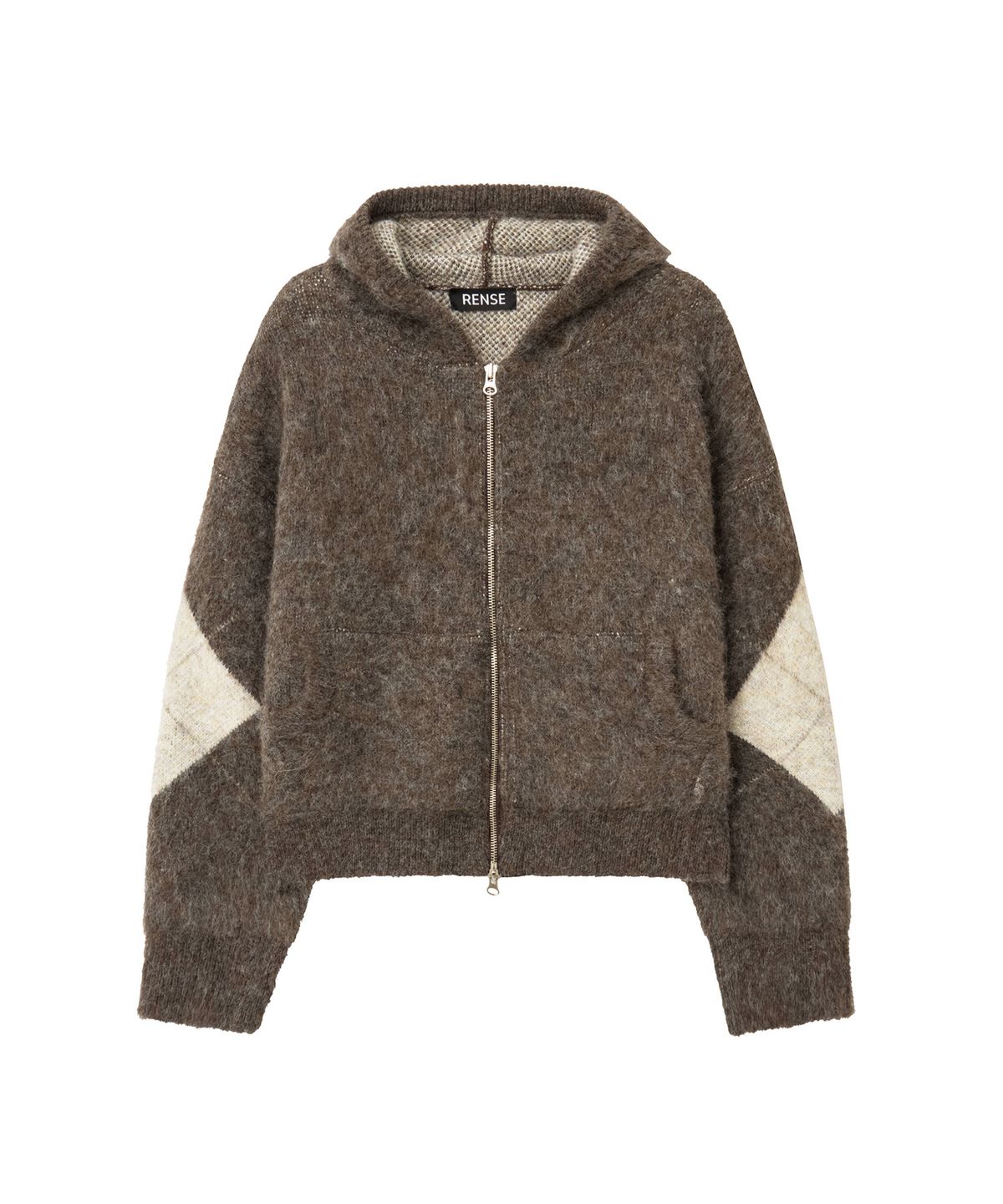 렌세(RENSE) Argyle Knit Hooded Zip-Up Brown