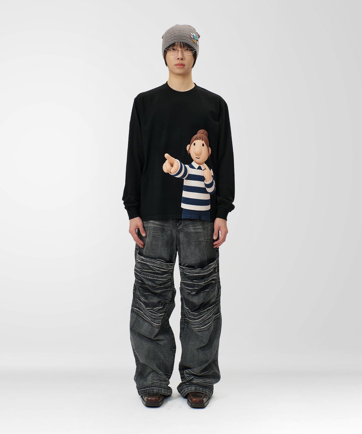 라퍼(LAUGHER) [2PACK] 리트와메트 별 & 너도 나도 롱슬리브 티셔츠 - 블랙