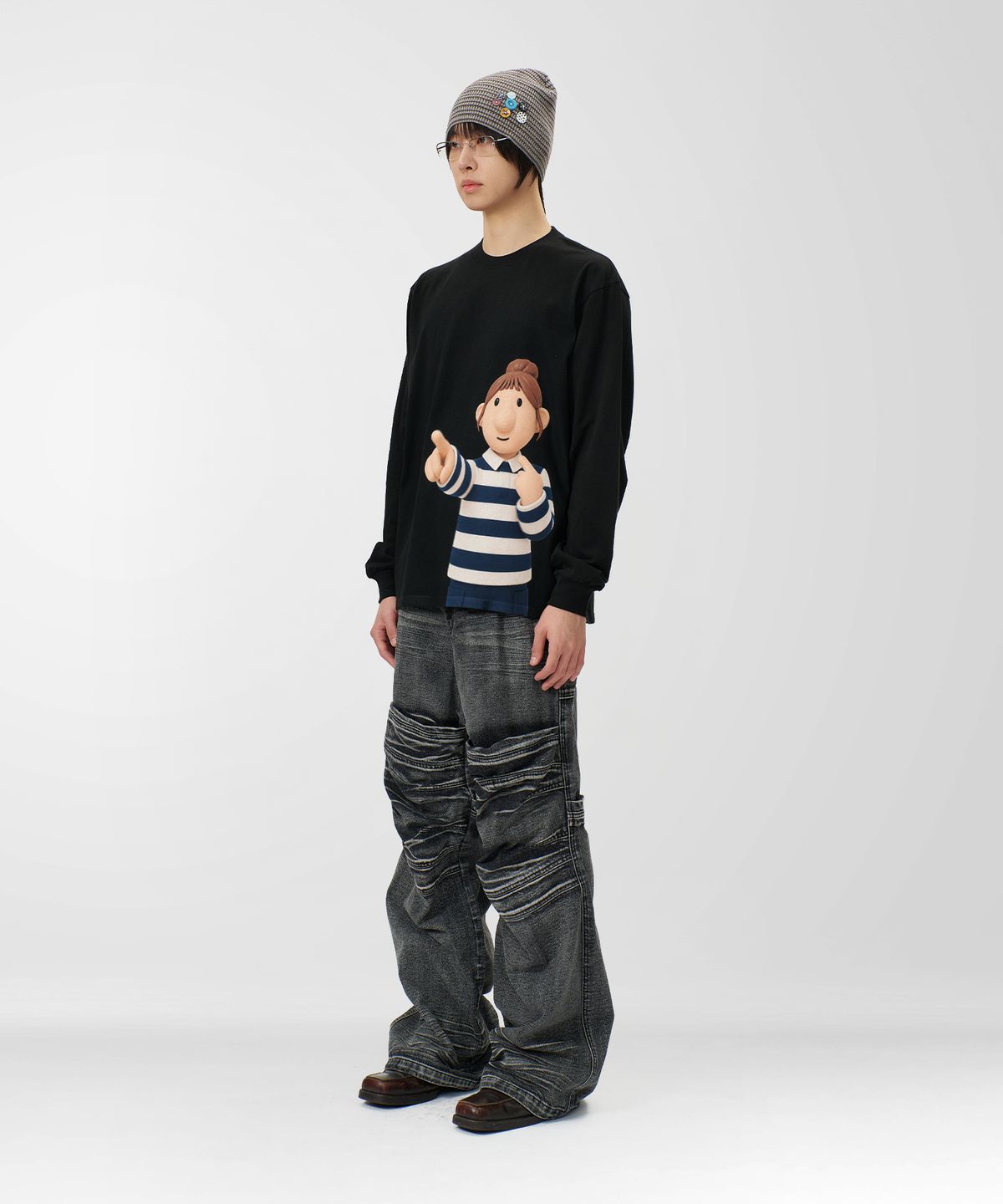 라퍼(LAUGHER) [2PACK] 리트와메트 별 & 너도 나도 롱슬리브 티셔츠 - 블랙
