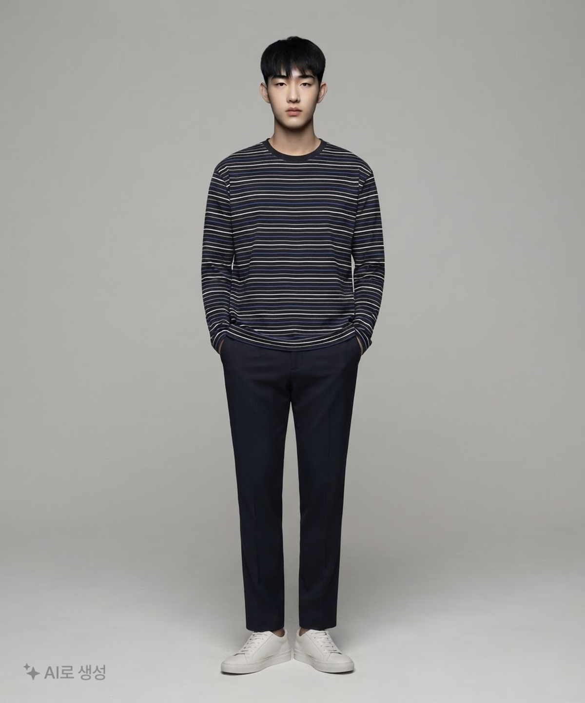 무신사 스탠다드(MUSINSA STANDARD) 멀티 스트라이프 릴렉스드 긴소매 티셔츠 1 [블랙/블루] XL
