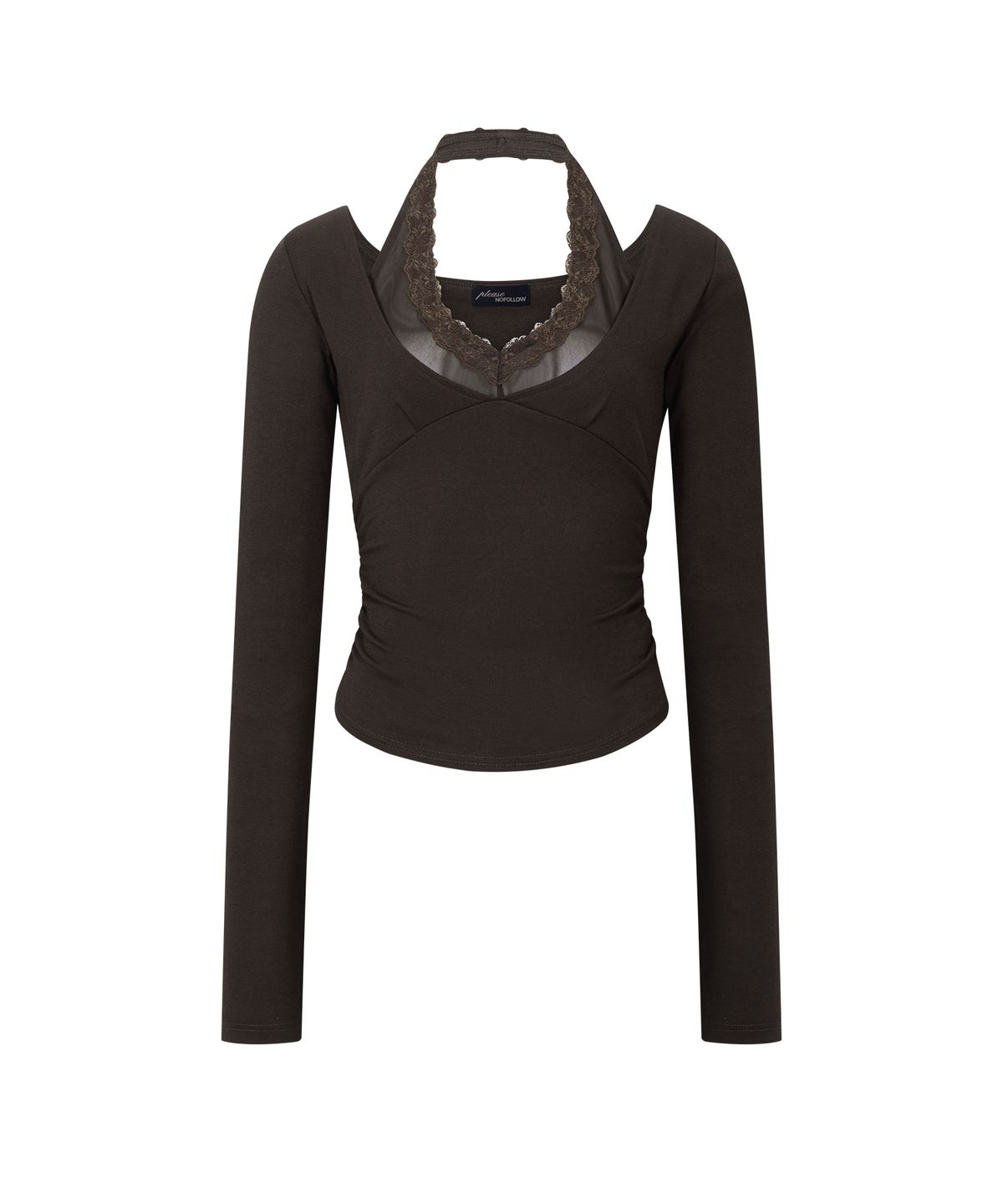 플리즈노팔로우(PLEASENOFOLLOW) Amelia Lace Halter Long Sleeve Top (Brown)
