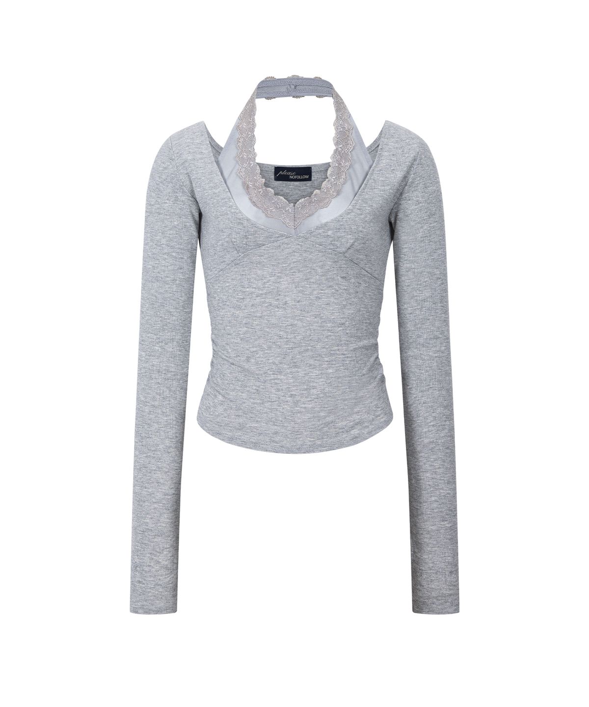 플리즈노팔로우(PLEASENOFOLLOW) Amelia Lace Halter Long Sleeve Top (Melange Grey)