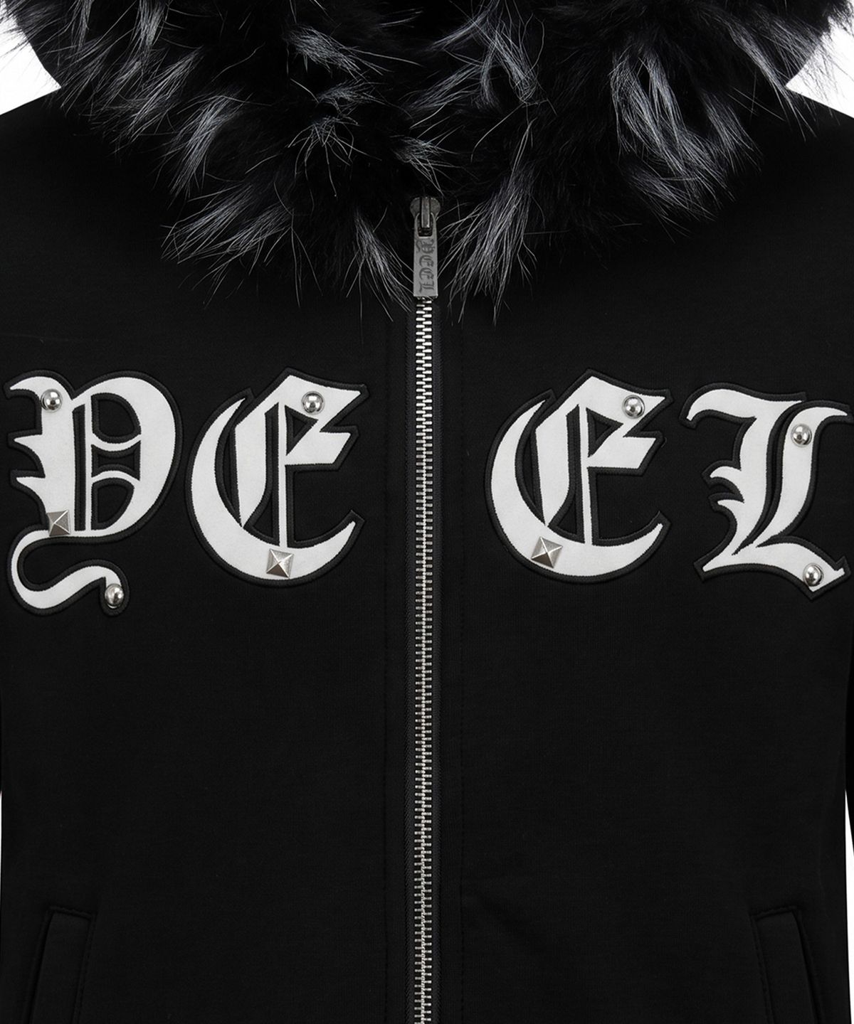 와이이이엘(YEEL) APPLIQUE FUR HOOD SLIM ZIP-UP BLACK