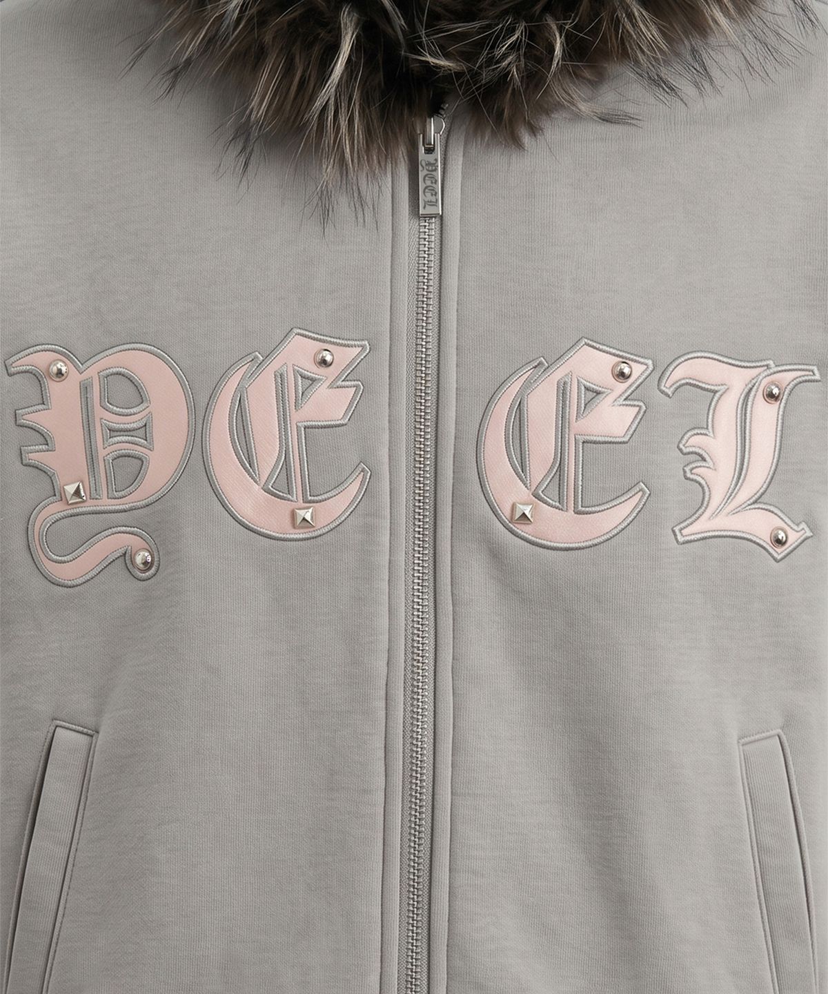와이이이엘(YEEL) APPLIQUE FUR HOOD SLIM ZIP-UP GREY