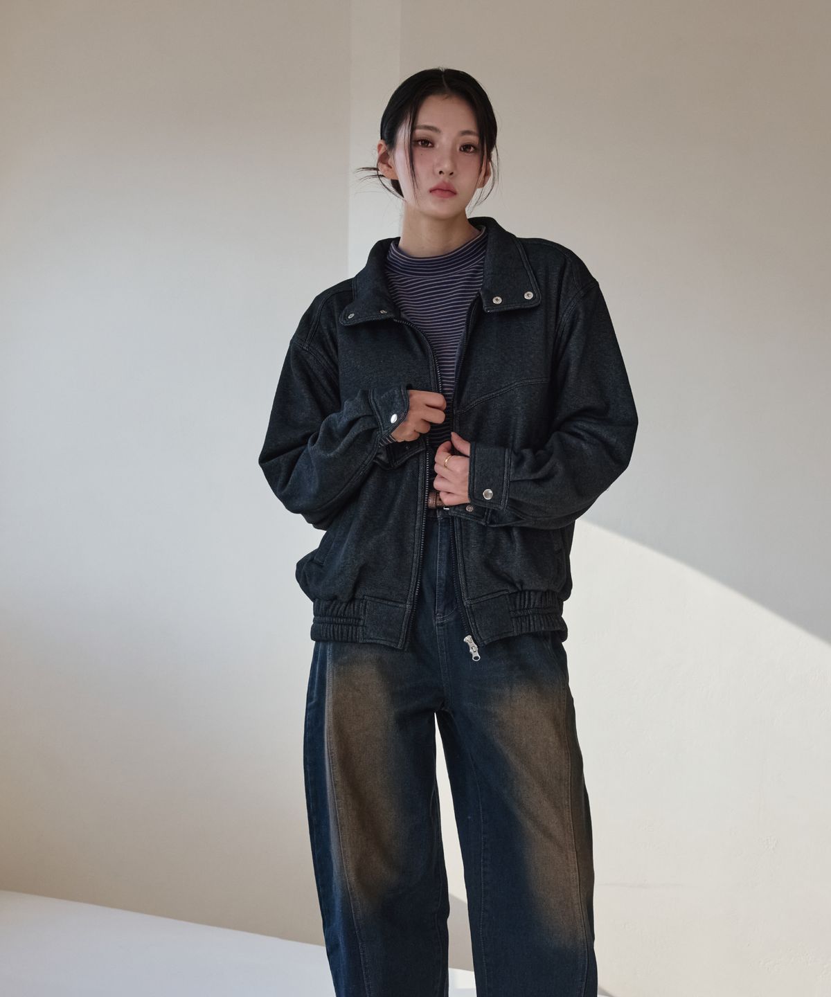 이븐시아(EVENCIA) 융기모 데님라이크 트러커 바이커 자켓