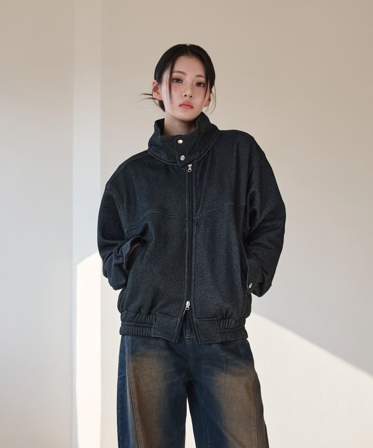 이븐시아(EVENCIA) 융기모 데님라이크 트러커 바이커 자켓