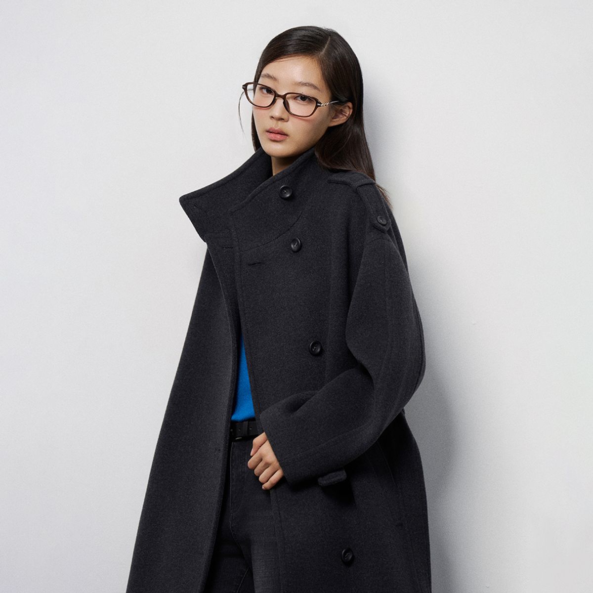 랩(LAP) 어깨견장 하이넥 벨티드 롱코트 AS4WTB71